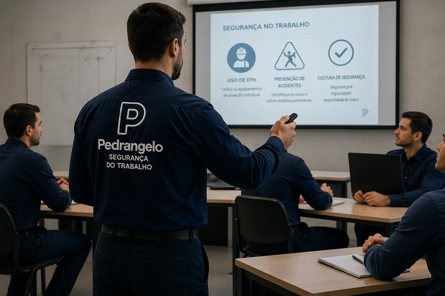 Instrutor Pedrangelo conduzindo treinamento de segurança do trabalho